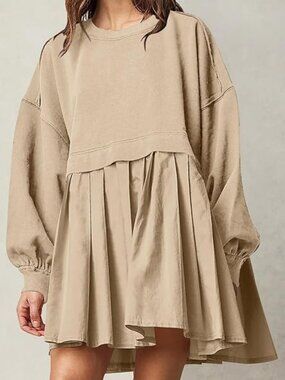 Khaki Long Sleeve Sweatshirt Dress With Pleated Skirt